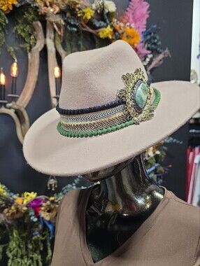 OOAK Beige Felt Fedora with Turquoise Stone and Various Trim Accents.